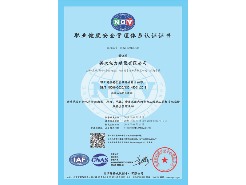 职业健康管理体系认证证书-双标
